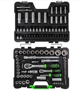 Ključevi nasadni sa prihvatom na 1/2” 10-32 mm i 1/4”  4-14 mm sa ručicama reverzibilnim, nastavcima, produžecima i bitovima u plastičnoj kutiji 108/1 JBM